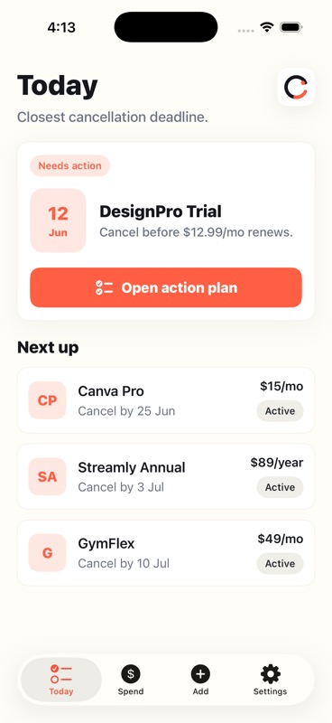 CancelCue iOS today screen screenshot